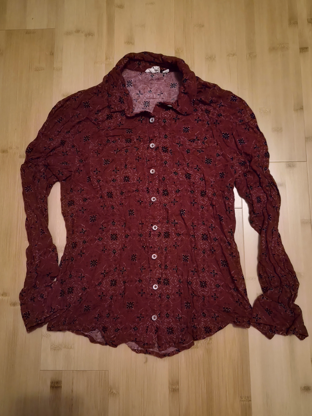 White Crow Boho Printed Button Down Top Small Rust Red Floral Pattern
